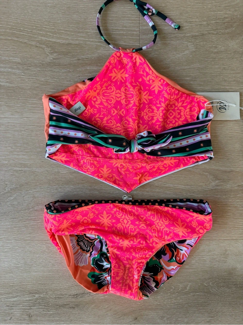 Maaji Rarity Reversible Orange & Pink Floral High-Neck Bikini Set